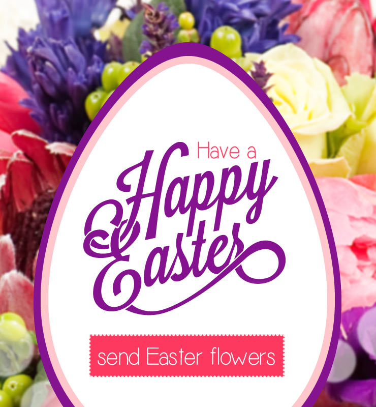Floral Easter banner with oval center reading “Have a Happy Easter” and a button labeled “send Easter flowers.”