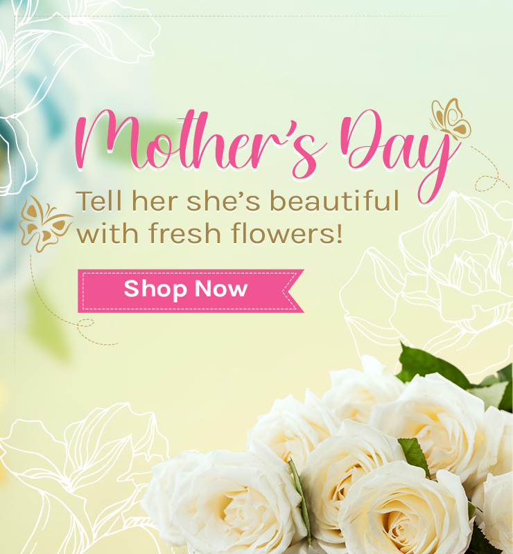 Mother’s Day banner with white roses; message: Tell her she’s beautiful with fresh flowers. Shop Now.