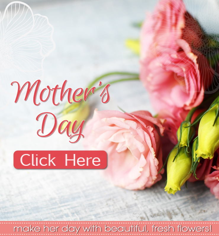 Mother’s Day banner with pink lisianthus and roses on wood; coral “Click Here” button to shop fresh flowers.