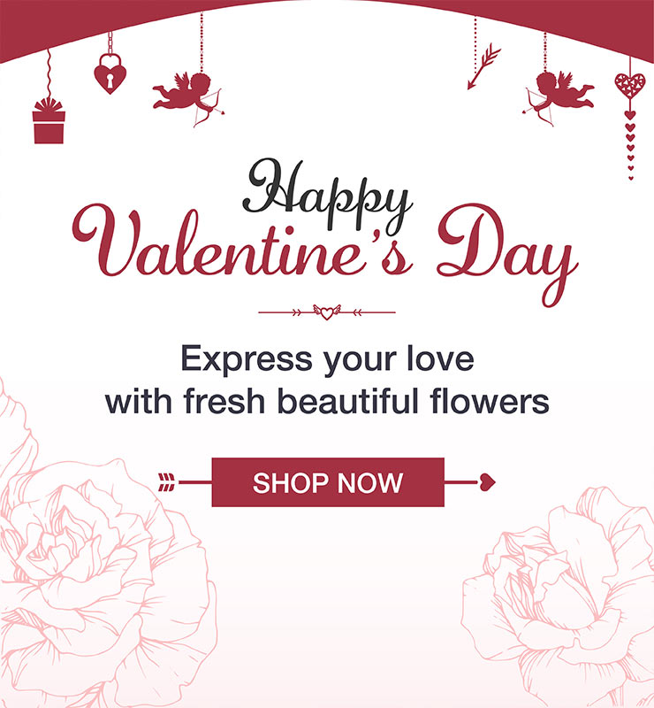 Happy Valentine’s Day banner with cupids, hearts, and arrows; text: Express your love with flowers, Shop Now button.