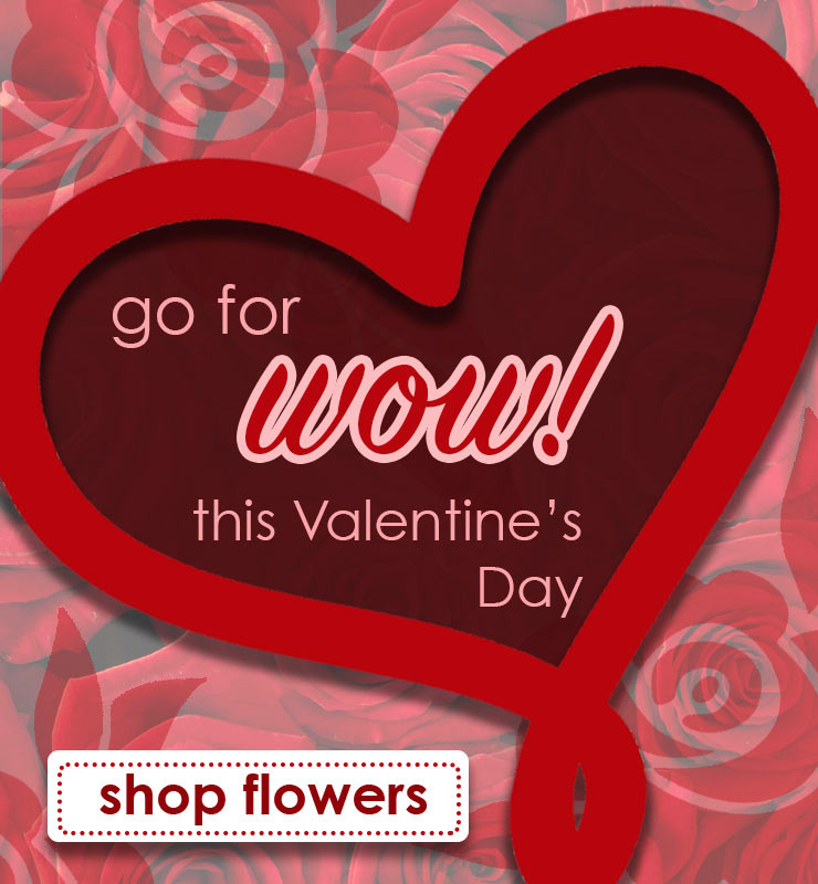Valentine’s banner with red heart on rose background; text “go for wow this Valentine’s Day” and a “shop flowers” button.