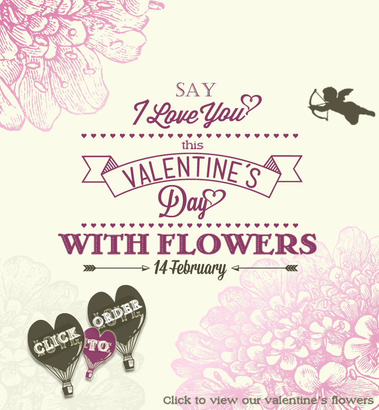 Valentine’s banner with heart hot-air balloons and cupid; text reads “Say I Love You this Valentine’s Day with Flowers”; "Click to view our Valentine’s flowers” call-to-action.