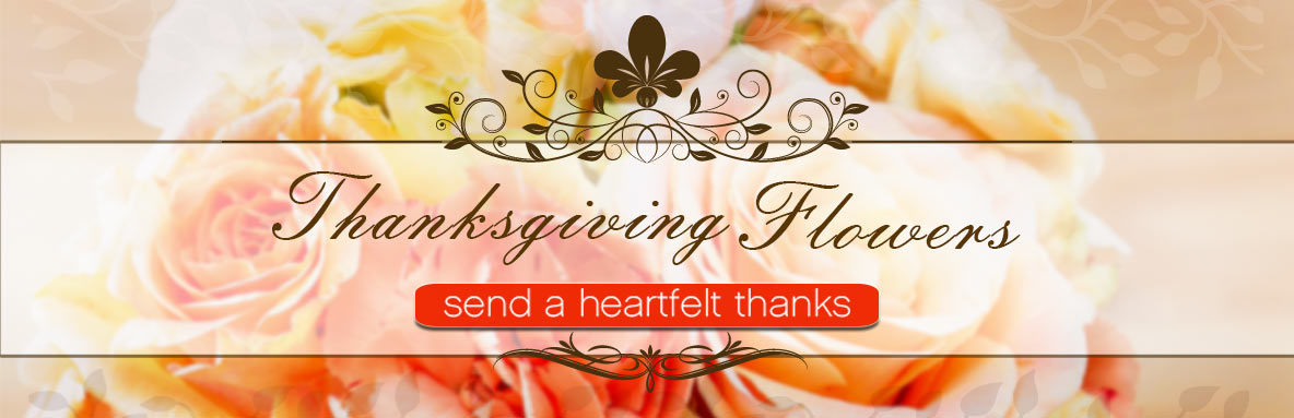 Thanksgiving banner with soft peach roses and ornate script reading Thanksgiving Flowers and an orange button labeled send a heartfelt thanks.