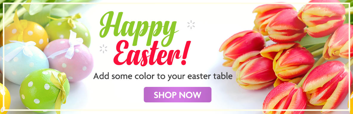 Happy Easter banner with pastel polka-dot eggs and red-yellow tulips; text: “Happy Easter!” and “Shop Now.”