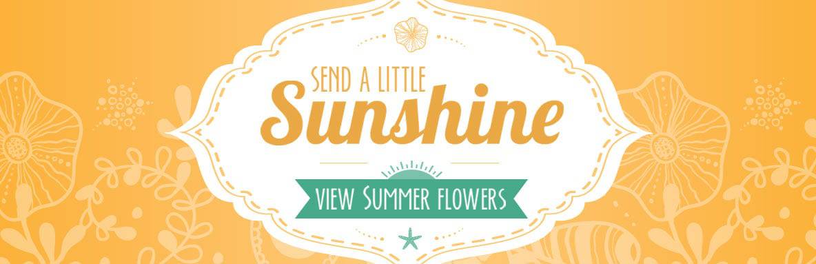 Orange summer banner with line-art flowers and text “Send a little Sunshine – View Summer Flowers