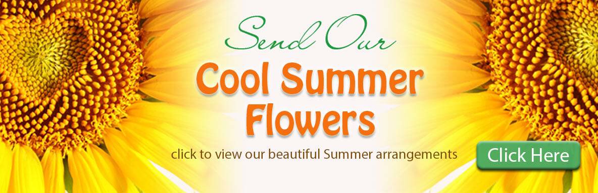 Summer Banner with bright sunflower and text “Send Our Cool Summer Flowers” plus a green “Click Here” button.