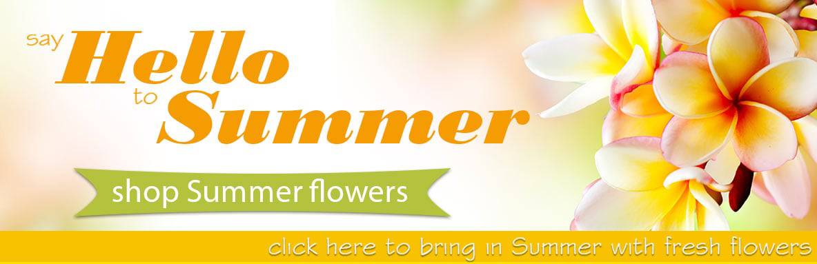 Say Hello to Summer banner with white-yellow plumeria on right and a green “shop Summer flowers” button.