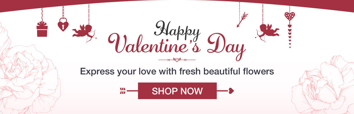 Happy Valentine’s Day banner with cupids, hearts, and arrows; text: Express your love with flowers, Shop Now button.