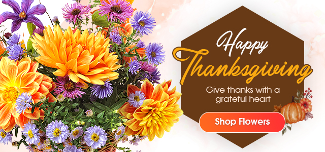 Happy Thanksgiving banner with orange and purple fall flowers and a red “Shop Flowers” button.