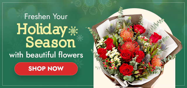 Green Christmas banner showing wrapped red and white flower bouquet beside “Freshen your Holiday Season with beautiful flowers” and Shop Now button.