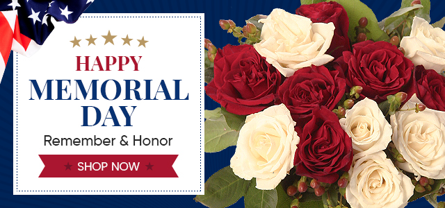 Memorial Day banner with red and white roses and stars; text “Happy Memorial Day—Remember & Honor,” and a “Shop Now” button.