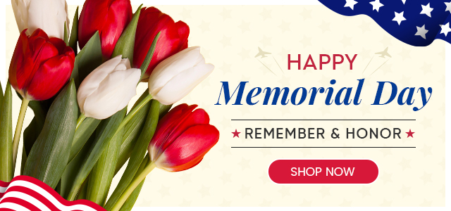 Memorial Day banner with red and white tulips, stars-and-stripes accents, and text “Happy Memorial Day—Remember & Honor