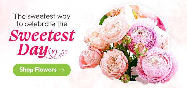 Sweetest Day banner with pink roses and ranunculus bouquet beside text and green “Shop Flowers” button.