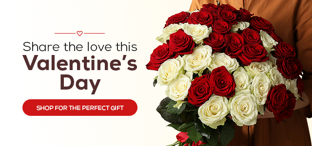Valentine’s banner with a bouquet of red and white roses and the headline “Share the love this Valentine’s Day" with a “Shop for the perfect gift” button.