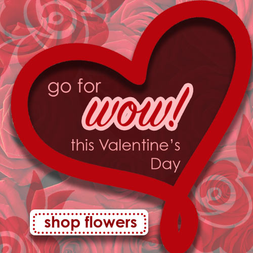 Valentine’s banner with red heart on rose background; text “go for wow this Valentine’s Day” and a “shop flowers” button.