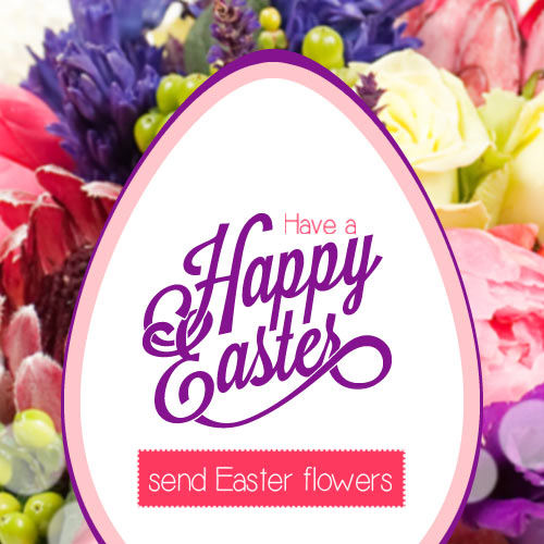 Floral Easter banner with oval center reading “Have a Happy Easter” and a button labeled “send Easter flowers.”