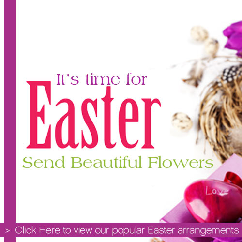 Easter banner with pink headline, green “Send Beautiful Flowers,” and a nest of speckled eggs, purple blooms, and a gift.