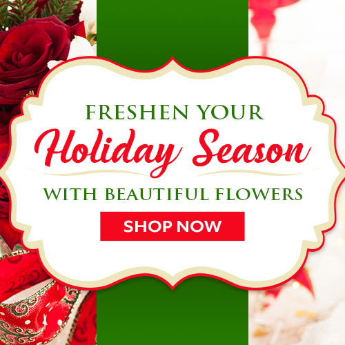Holiday banner with red roses, white lilies, and berries beside text “Freshen your holiday season with beautiful flowers” and SHOP NOW button.