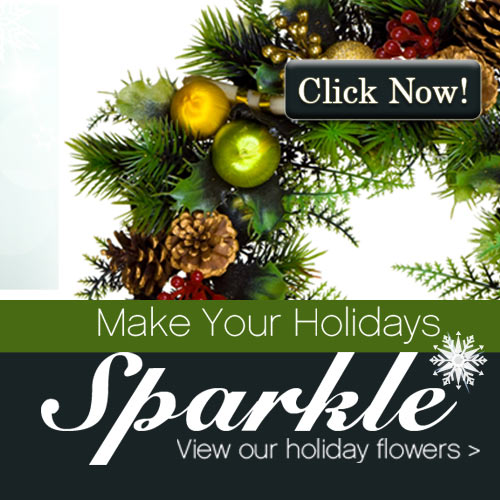 Holiday banner with evergreen wreath and ornaments beside text Sparkle, Make Your Holidays, View our holiday flowers with a Click Now button.