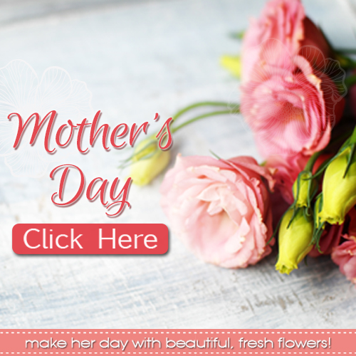 Mother’s Day banner with pink lisianthus and roses on wood; coral “Click Here” button to shop fresh flowers.