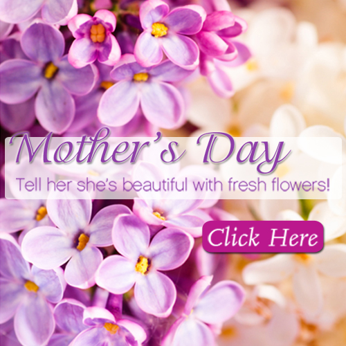 Mother’s Day banner with purple flowers, text “Tell her she’s beautiful with fresh flowers,” and a Click Here button.
