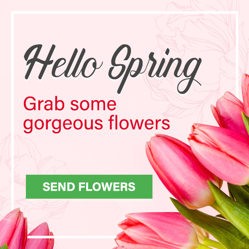 Hello Spring banner with pink tulips and a green “Send Flowers” button.
