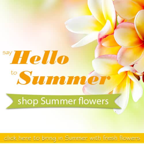 Say Hello to Summer banner with white-yellow plumeria on right and a green “shop Summer flowers” button.