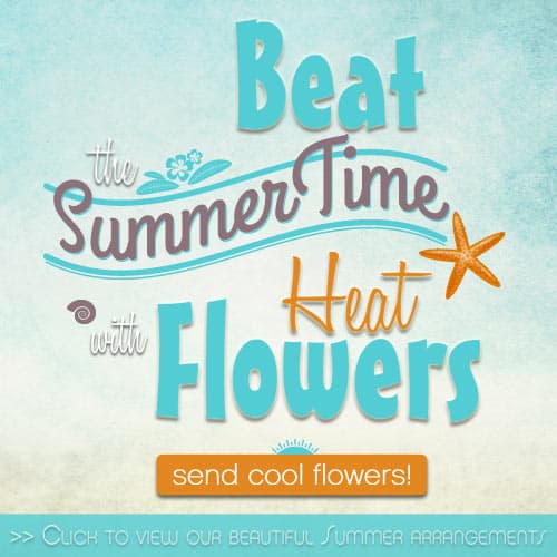 Summer Banner: “Beat the Summer Time Heat with Flowers” on teal ocean design; orange button says “send cool flowers!”