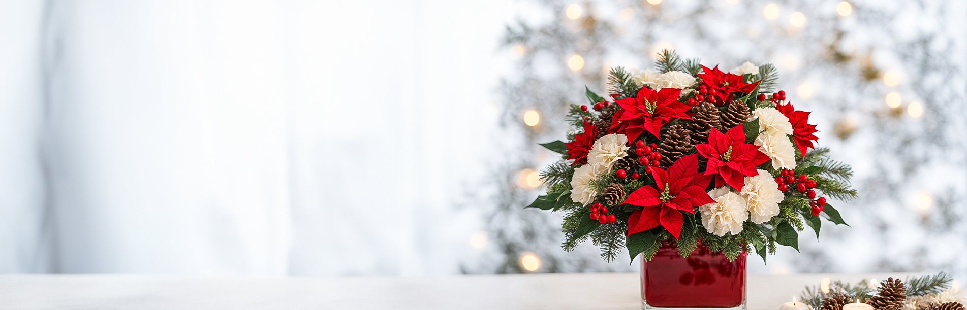 Nebula Beauty & Home banner featuring christmas floral arrangement of poinsettias, pine, and berries in a red square vase with soft winter lights behind.