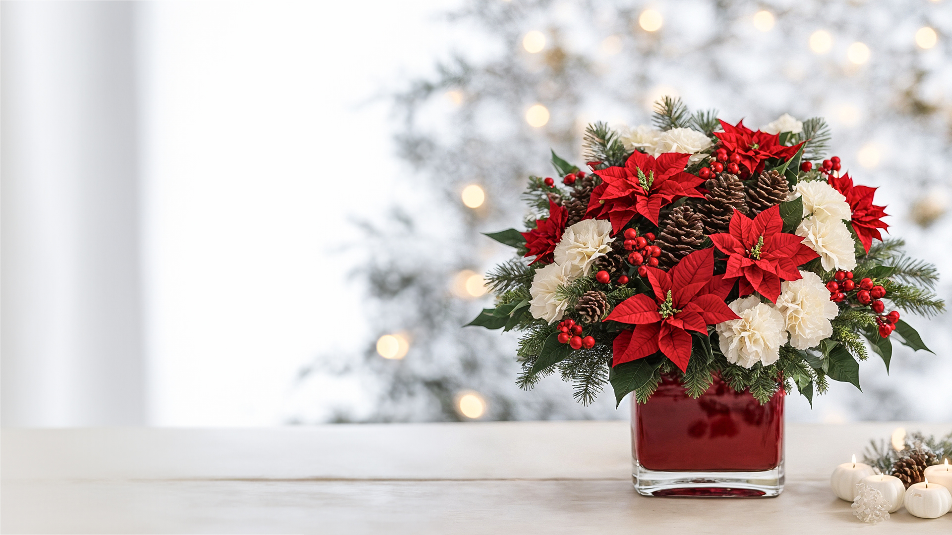 Nebula Fashion banner featuring christmas floral arrangement of poinsettias, pine, and berries in a red square vase with soft winter lights behind.