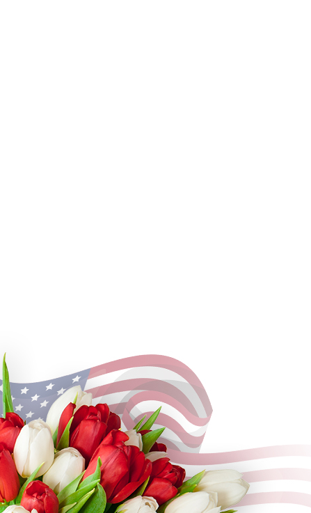 Mobile banner featuring red and white tulips with a waving American flag motif along the bottom, wide white space above.
