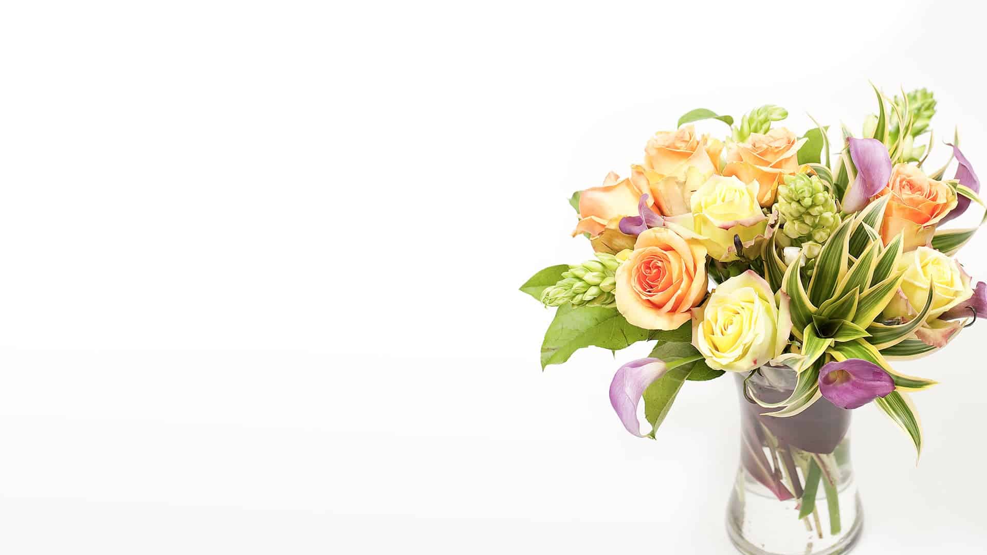 Nebula Fashion banner featuring peach and cream roses with purple calla lilies and striped greens in a glass vase on white, right-aligned bouquet.