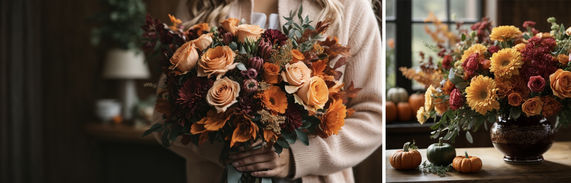 Cozy fall floral Nebula Beauty & Home banner featuring rich orange and burgundy arrangements with roses, chrysanthemums, and pumpkins.