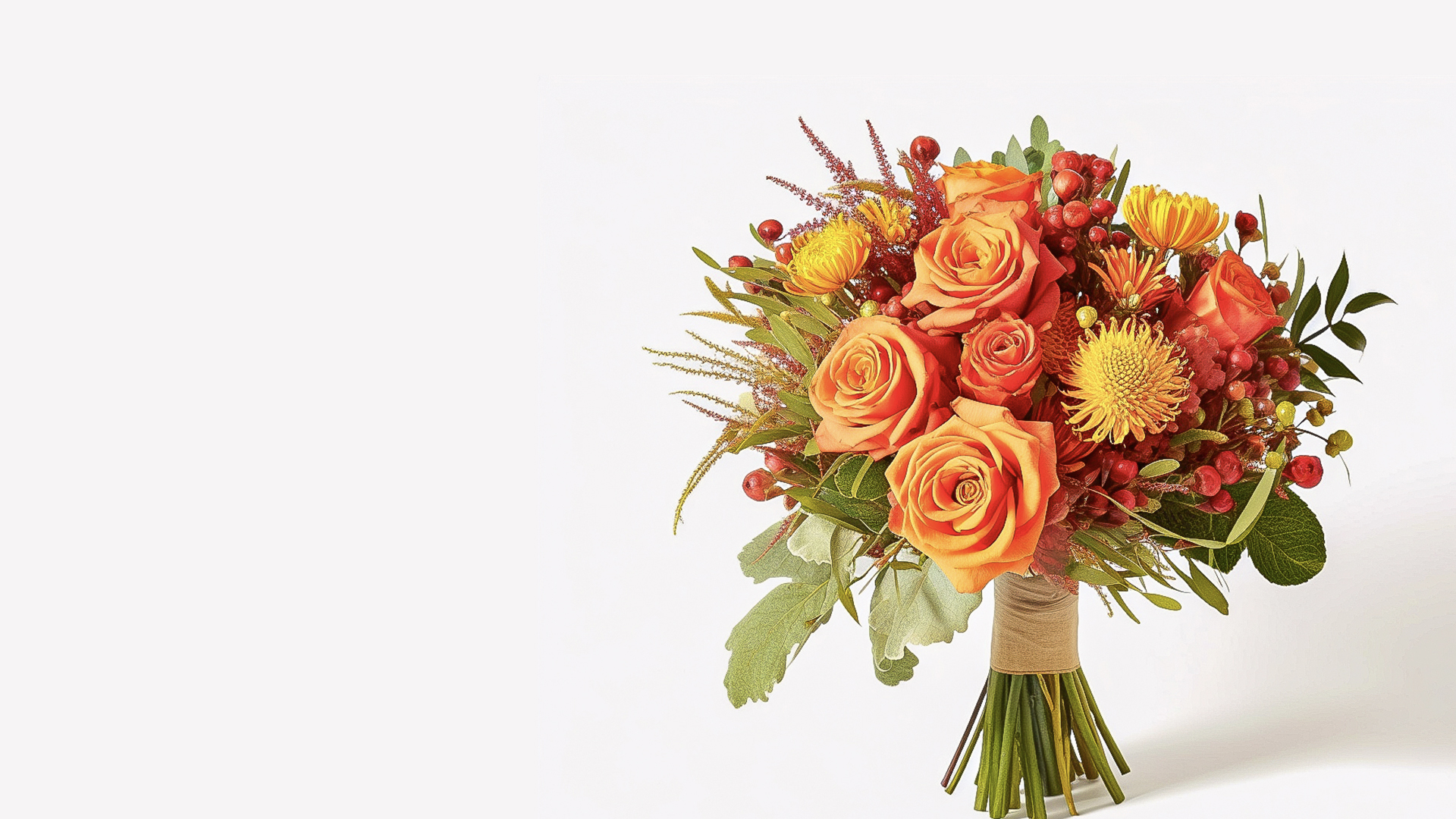 Nebula Fashion banner featuring bright autumn bouquet of orange roses, yellow blooms, and red berries wrapped at the stems, displayed against a clean white backdrop.