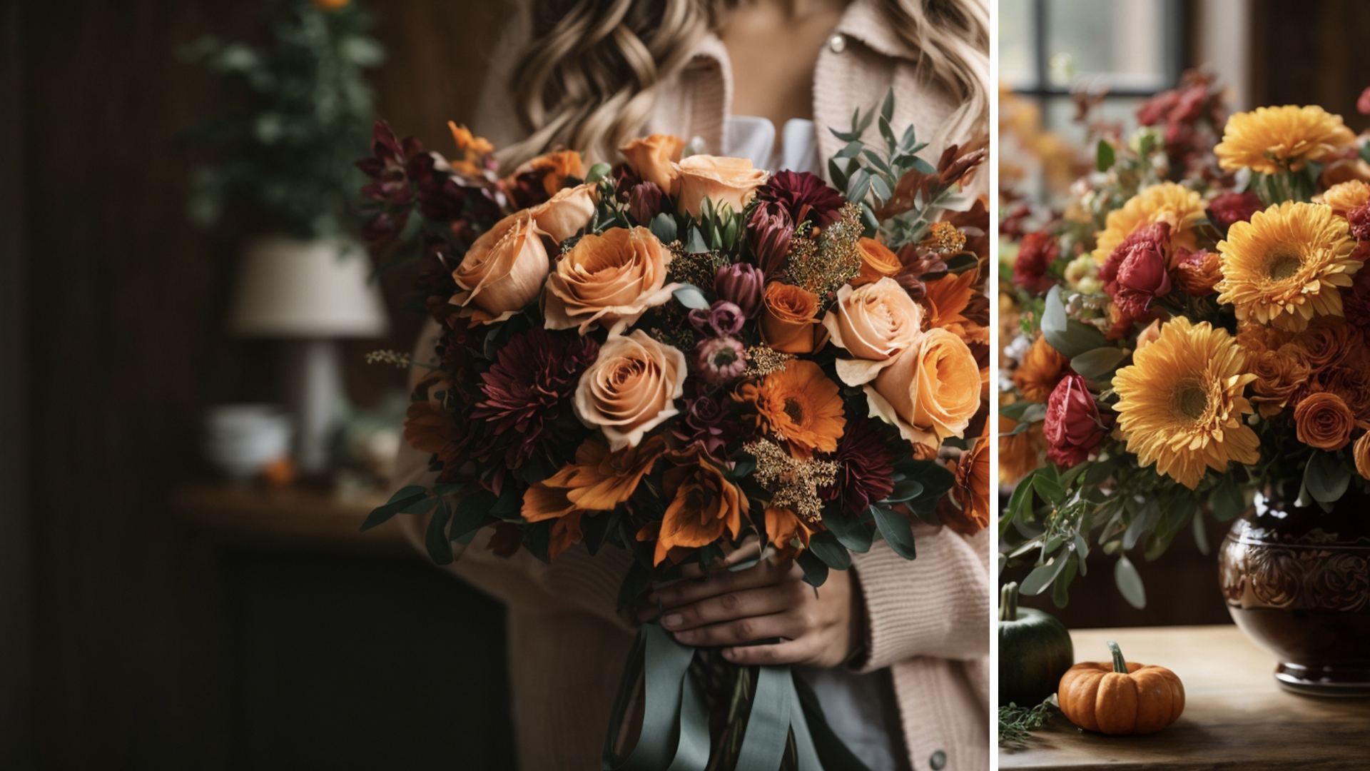 Cozy fall floral Nebula Fashion banner featuring rich orange and burgundy arrangements with roses, chrysanthemums, and pumpkins.