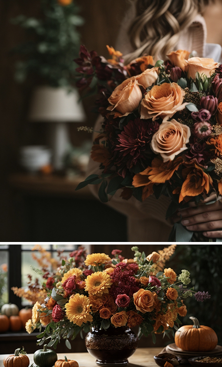Cozy fall floral mobile banner featuring rich orange and burgundy arrangements with roses, chrysanthemums, and pumpkins.