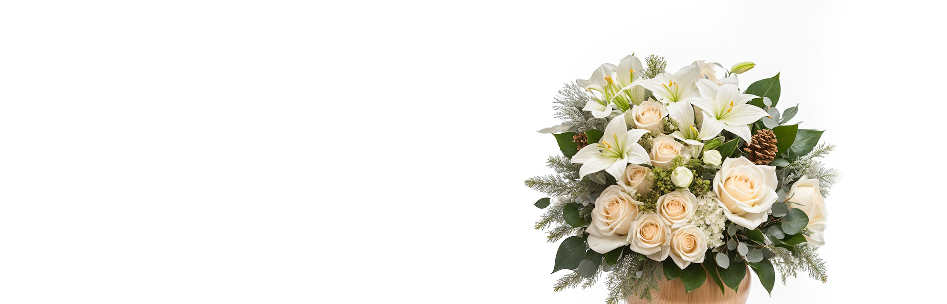 Nebula Beauty & Home banner featuring winter bouquet of white lilies and cream roses with pinecones and evergreens in a vase on a white background.