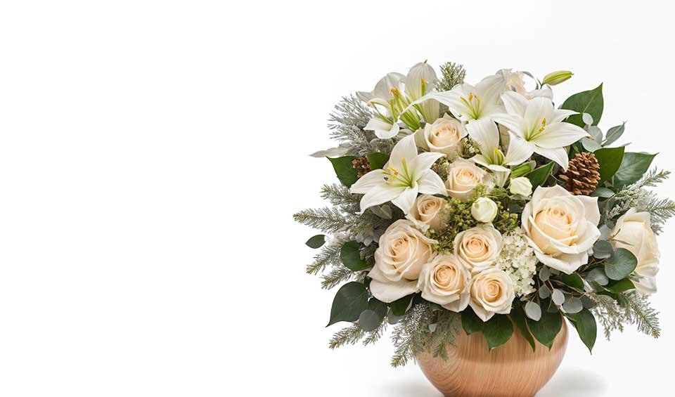 Nebula eco banner featuring winter bouquet of white lilies and cream roses with pinecones and evergreens in a vase on a white background.