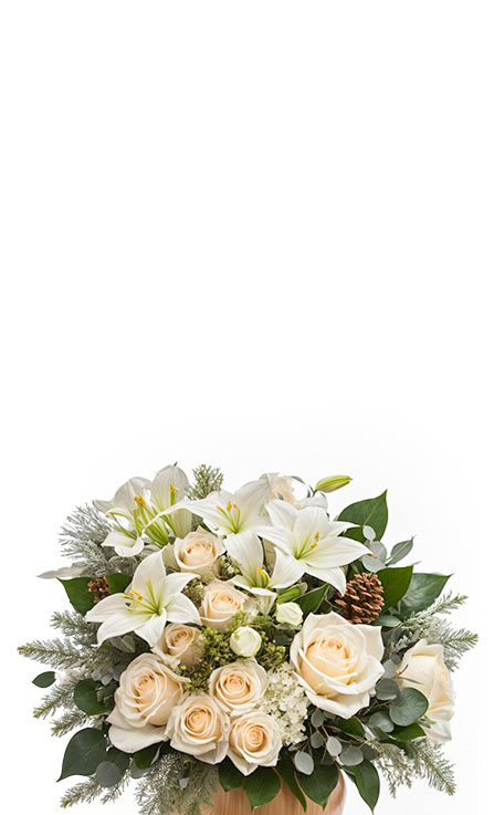 Mobile banner featuring winter bouquet of white lilies and cream roses with pinecones and evergreens in a vase on a white background.