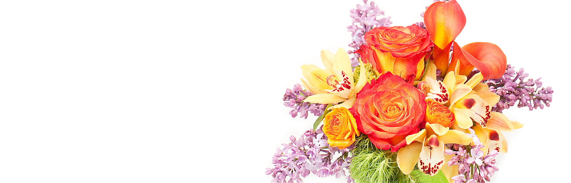 Nebula Beauty & Home banner featuring bouquet of orange roses, orange calla lilies, yellow alstroemeria, and lilac sprigs on a white background.