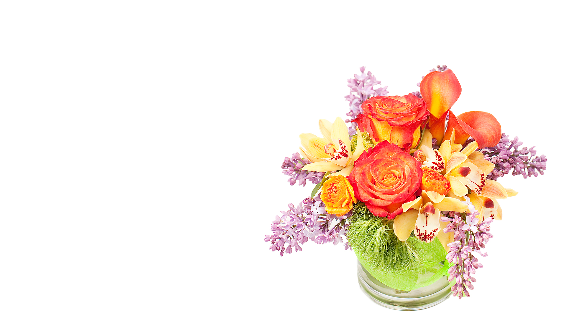 Nebula Fashion banner featuring bouquet of orange roses, orange calla lilies, yellow alstroemeria, and lilac sprigs on a white background.