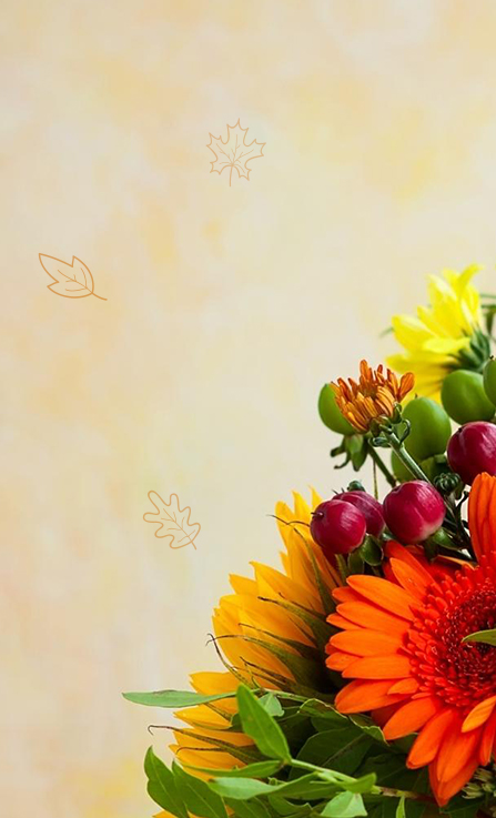 Mobile banner featuring fall flowers background with bright orange daisy, sunflowers, and subtle leaf icons.