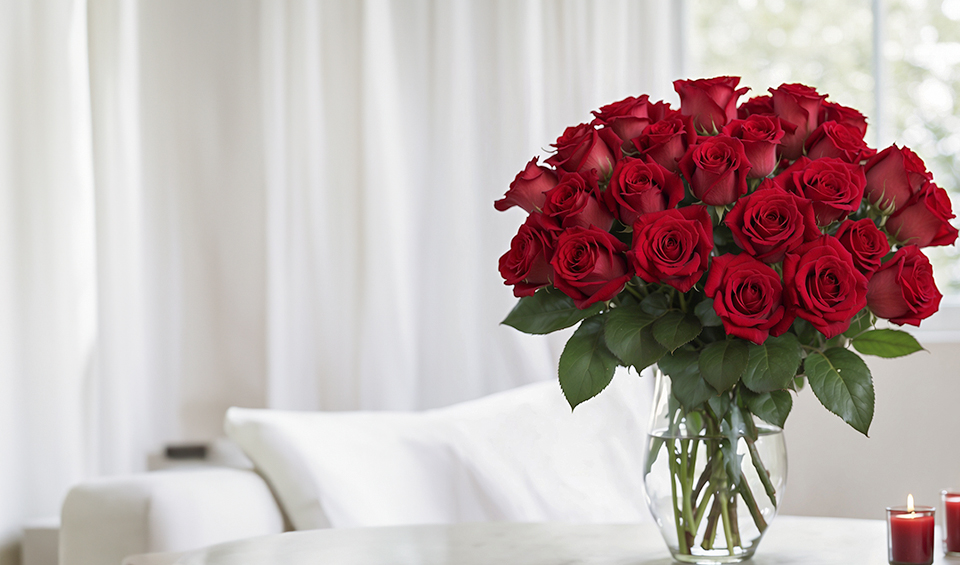 Nebula Eco banner featuring Large bouquet of red roses in a glass vase indoors near a bright window; classic romantic arrangement.