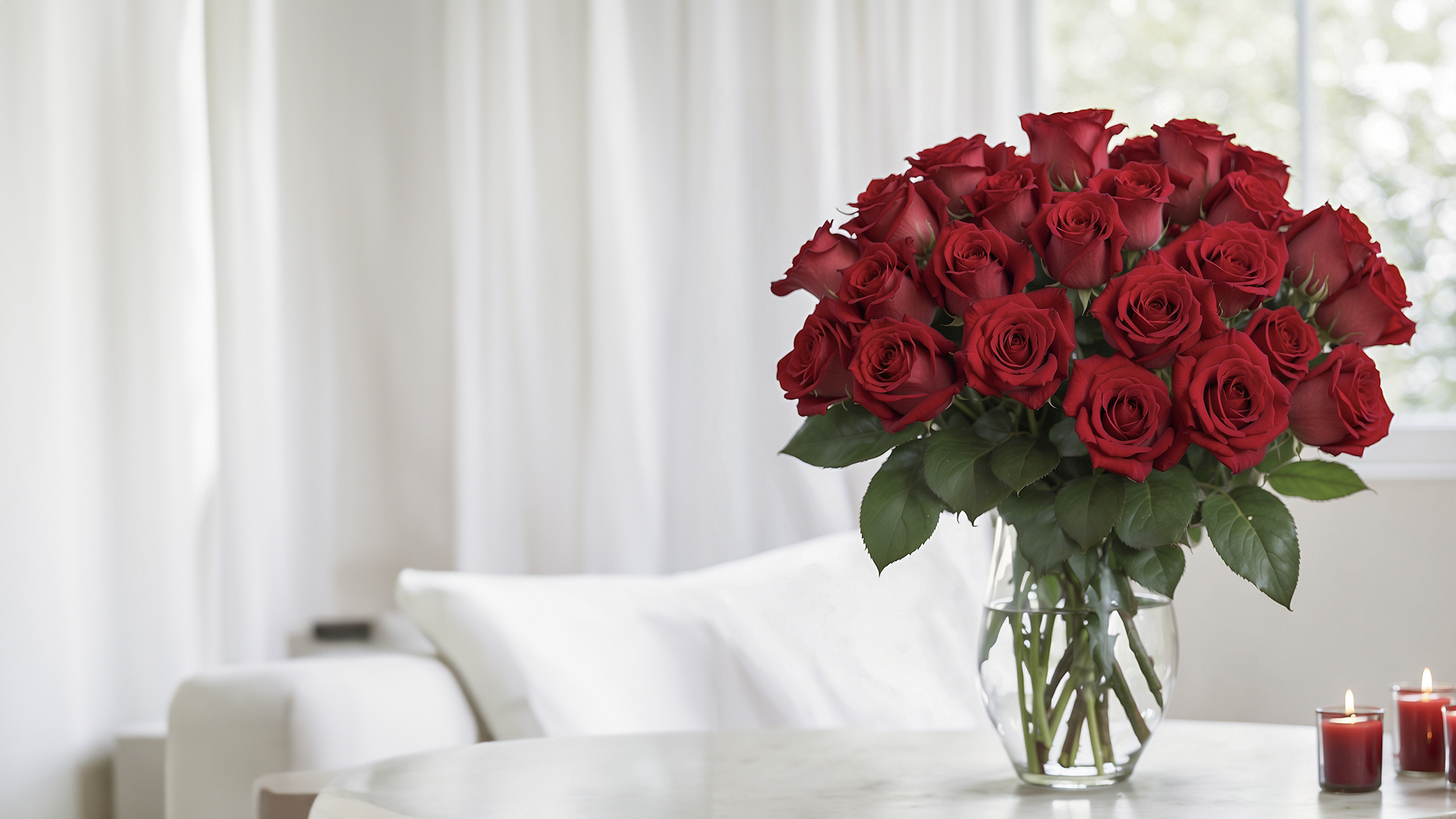 Nebula Fashion banner featuring Large bouquet of red roses in a glass vase indoors near a bright window; classic romantic arrangement.