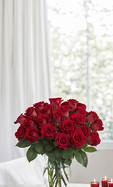 Mobile banner featuring Large bouquet of red roses in a glass vase indoors near a bright window; classic romantic arrangement.