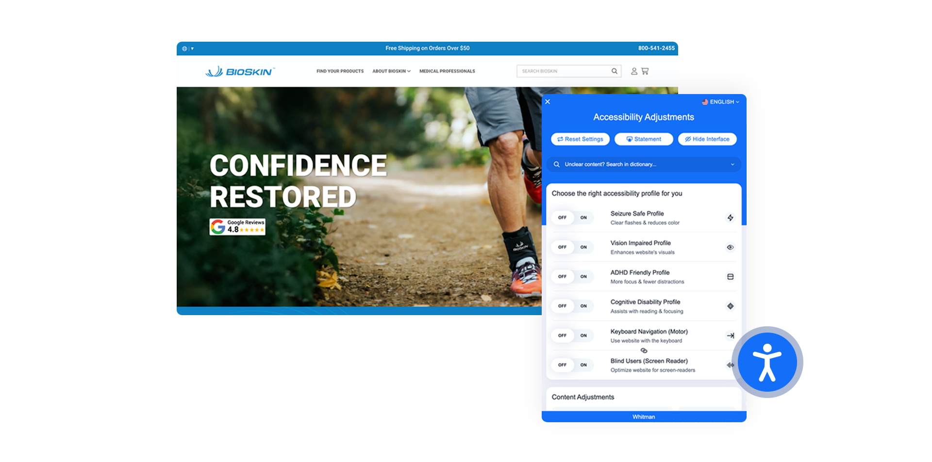 Accessibility widget on the BioSkin website showing profiles like Seizure Safe, Vision Impaired, and ADHD Friendly.
