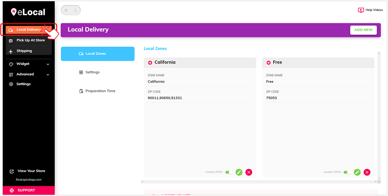 eLocal Local Delivery: Local Zones show California (90011, 90650, 91331) and Free (75053); Add New button top-right.