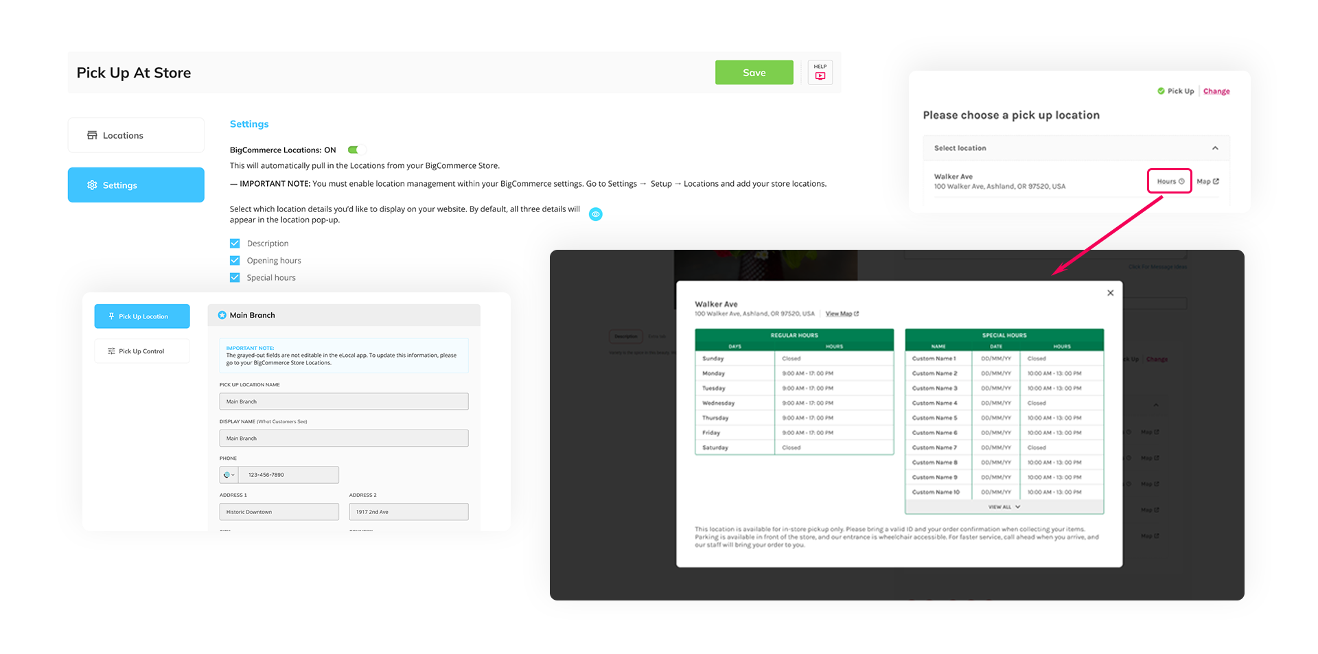 An eLocal app's dashboard displays syncing BigCommerce Locations to eLocal, allowing for auto-population of pickup locations.