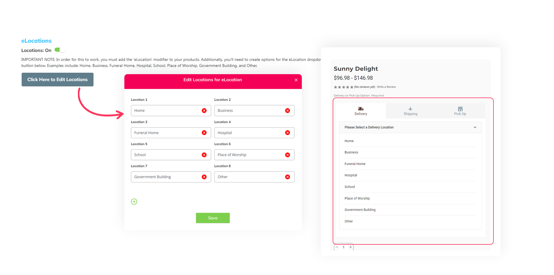 eLocal app settings for adding delivery locations like Home, Business, and Hospital before zip entry.