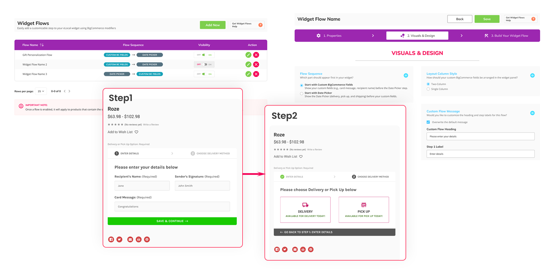 An eLocal app's dashboard displays. Let customers fill BigCommerce custom fields inside the eLocal widget and reorder steps.